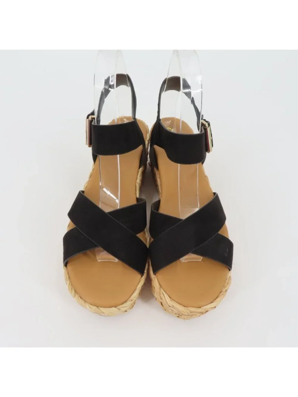 Qupid Women 9 Black Synthetic Strappy Woven Raffia Platform Wedge Sandals Shoes